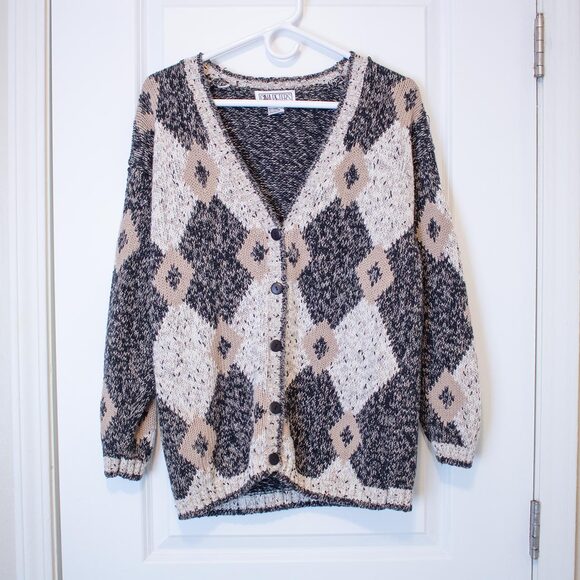 Geometric Knit Cardigan VTG S Gina Peters Sport Black Beige 80s Cozy Soft Summer - Picture 2 of 8